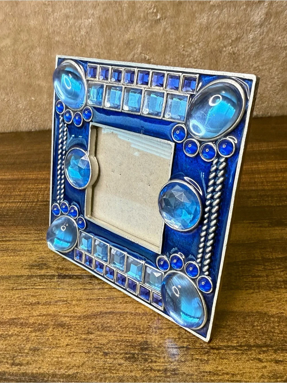 Y2K Ornate Jewel Blue Enamel Pewter Picture Frame 2x2 Photo Funky 90s Whimsigoth